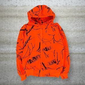 Vintage 90s Hoodie Youth M Orange Hunting Camo Cotton Full Zip Woodland